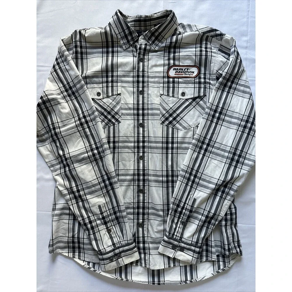 Harley Davidson Racing Shirt Mens XL White Black Plaid Long Sleeve Button #1 - Picture 1 of 9